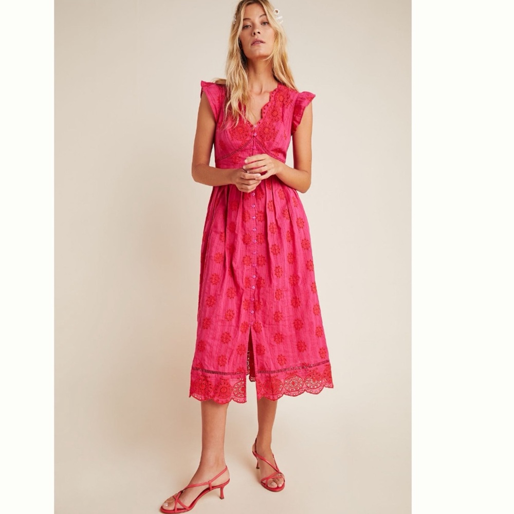 Anthropologie Tomine Fuchsia Eyelet Midi Dress M